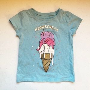 Childrens Place Girls Shirt Sz XS (4) Blue Cat Ice Cream Short Sleeve Crew Neck